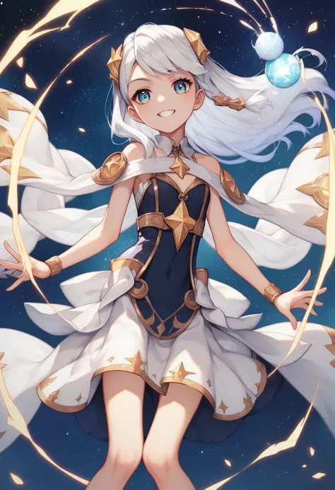 anime girl with long white hair and a star in her hair, white haired deity, anime girl with cosmic hair, star(sky) starry_sky, anime visual of a cute girl, splash art anime loli, white glowing aura, girl with white hair, ethereal anime, akasuki voidstar, c...