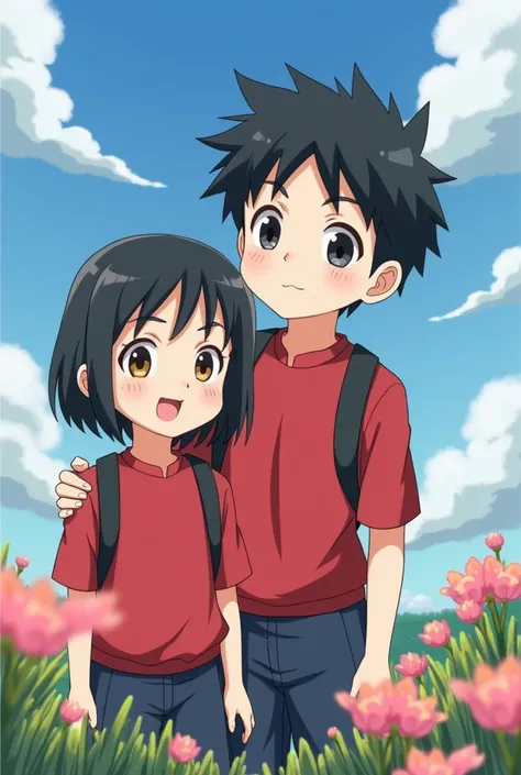 A cute boy and girl with black hair. wearing a red  shirt with black shoulder belts, is depicted in this image. The setting features elements like flowers and clouds, set against a painted sky. The style suggests an anime influence, highlighting the charac...