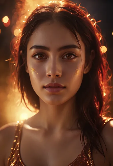 A movie film still of super very close-up portrait of a beautiful 18 year old woman with a mesmerizing and intense gaze, her face illuminated by warm, glowing light. She has glittering gold dust on her face, gold reflection in her eyes, and her lips are a ...