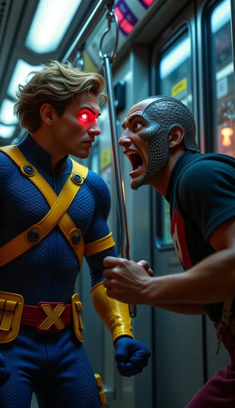 cyclops henry cavill  in a blue uniform with yellow details on the arms, boots, and a red belt with the x symbol, red light glowing on his face, fighting maskman wearing a black t-shirt, face covered with a mesh-like mask made of small dots forming a grid ...