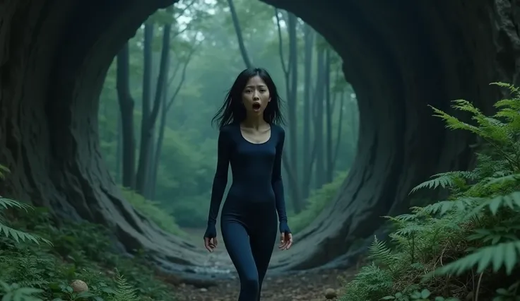 an Asian girl in tight navy clothes is panicking and feeling nauseous, in the middle of the forest in front of a cave, forest, cave