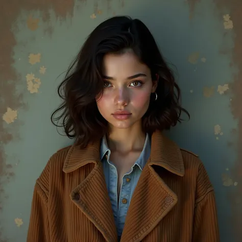  a beautiful dark-haired girl with brown eyes,  wearing Maxs coat from Stranger Things , with references from the 80s 