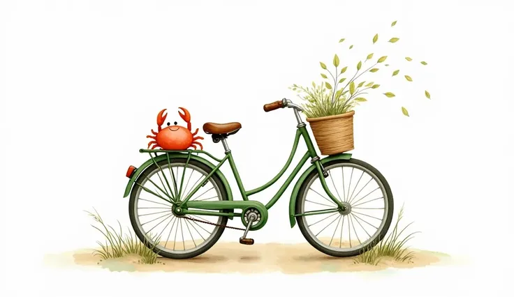 "A hand-painted watercolor illustration of a vintage bicycle in moss green tones with soft, delicate details. The background is a minimalist white, enhancing the gentle atmosphere. A subtle breeze carries light, translucent leaves through the air, creating...