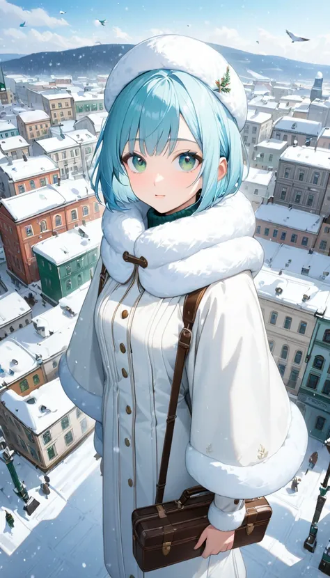 Highest quality、Light blue hair、Short Bob、Deep green eyes,20 years old,woman,small breast,White poncho with white fur 、White long dress、Ushanka 、 snow falling 、 looking up at the sky 、 holding an attache case in your left hand、Town,Bird’s Eye View