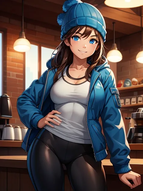 ((Masterpiece)), ((Best Quality)), Ultra High Resolution, HDR, 8K, (1 girl), dramatic lighting, ]1 girl, solo, brown hair, blue eyes. (Wearing: Blue Beanie, Blue Puffy jacket, Lululemon branded black leggings). She has a carefree smile on her face; shes st...