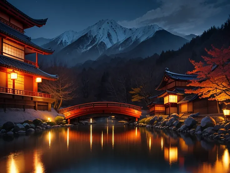  nostalgic scenery of Kinosaki Onsen at night 。 and features traditional Japanese inns and willow trees lined up along the river。 The warm light of lanterns illuminates the cobblestone cityscape 、Reflected on the quiet surface of the river 、 creates a calm...