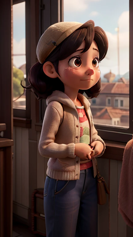 A  named Ana ,  looking out the window of the orphanage ,  with tears in her eyes and a distant look .  Flashbacks of happy moments with her parents appear in the background."