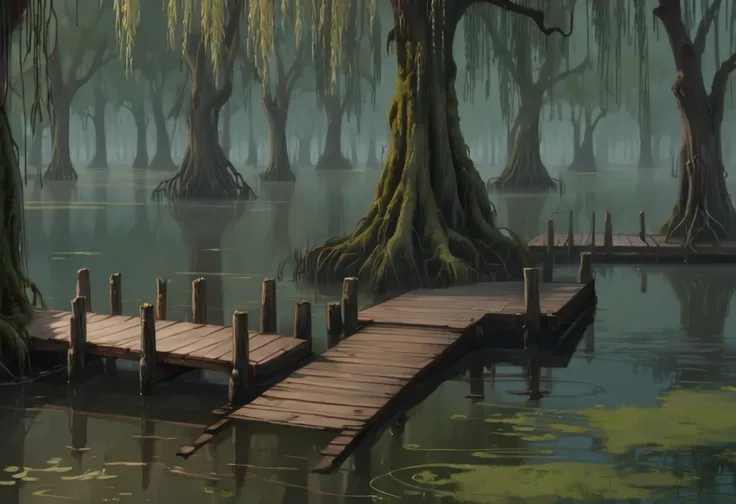 score_9, score_8_up, score_7_up, source_anime, BREAK, masterpiece, amazing quality, best quality, (masterpiece, best quality), fantasy, (swamp:1.4), (willows trees:1.4), (old willows trees, moss, lagoon), (wooden dock:1.2), foggy, (close-up:1), (central pe...