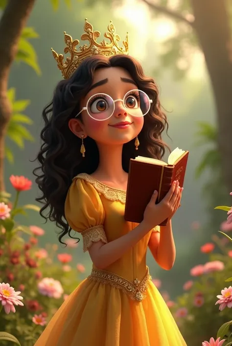  Pixar image,  tall Brazilian adult woman, light brunette with dark curly voluminous medium hair, worshiping Jesus, with transparent white glasses and beautiful and small eyes,  chubby face and holding the bible in her hands, with a golden princess dress w...