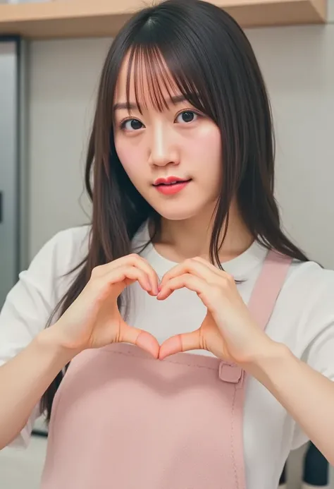    high definition  、  female 1 person、  Make a big heart with both hands on a fluffy apron  , Hold it in front of your chest   , Look above your neck 、   kitchen background  

