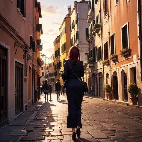 A view from behind of a beautiful woman. She is standing at the san marco in venice sun set.