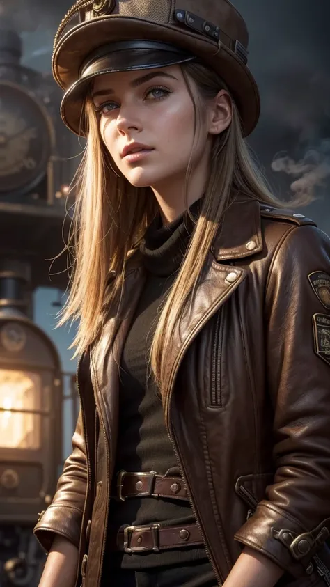 1 girl in aviator hat, solo, steampunk, photorealistic portrait at train station, steam, smoke, (best quality,4k,8k,highres,masterpiece:1.2),ultra-detailed,(realistic,photorealistic,photo-realistic:1.37),HDR,studio lighting,vivid colors,extremely detailed ...