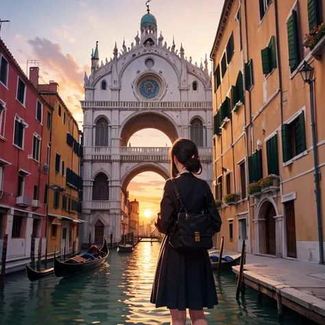 A view from behind of a beautiful woman. She is standing by the water gondola gate at the San Marco in venice sun set.