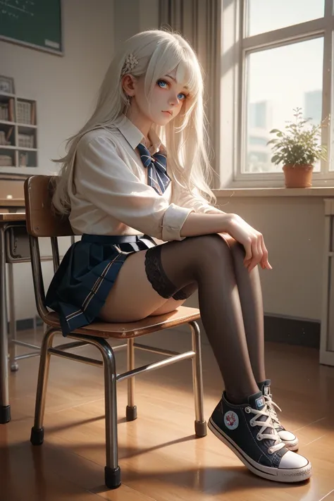 beautiful goddess,A brunette woman whit white hair and blue eyes. She is wearing a schoolgirl uniform, stockings and converse. She is sitting in a chair and studing