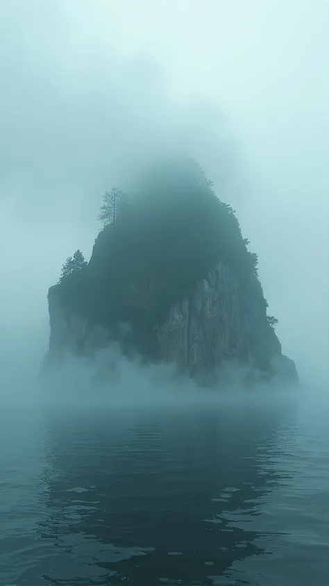 An image of a mysterious misty island appearing in the middle of the sea.