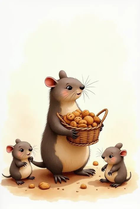 depict a mole who stands with a basket of cookies to treat his friends. At this time, his friends, other moles, play and have fun, not paying any attention to the mole with the basket. The picture is painted in the style of watercolor paints in a wet-on-we...