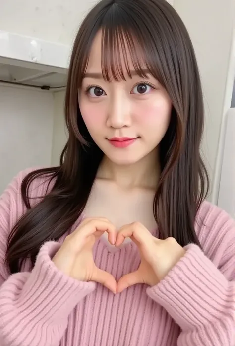    high definition  、  female 1 person、  fluffy apron, make a big heart with both hands   , Hold it in front of your chest   , Look above your neck 、   kitchen background  

