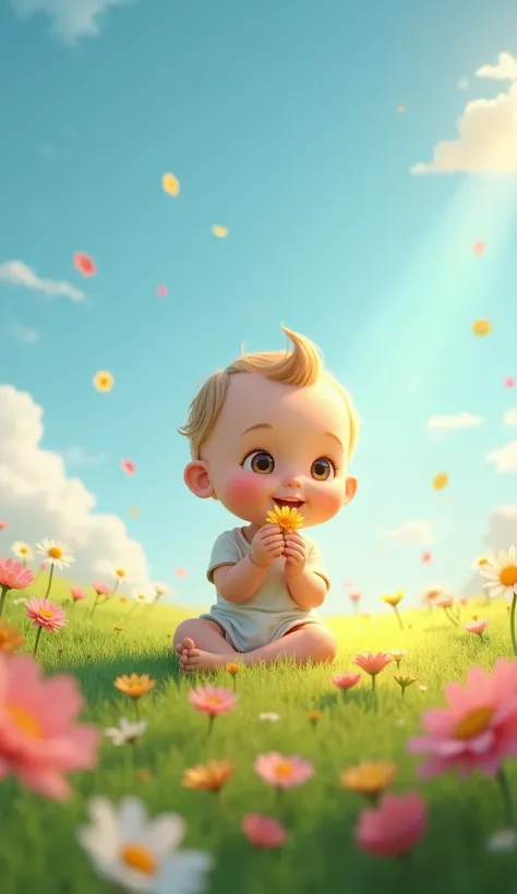 A serene and magical scene of a baby sitting on a grassy field in the sunlight, surrounded by colorful flowers. The baby is about , wearing a simple outfit, and holding a delicate flower with curiosity and joy. The background is a clear blue sky with a few...