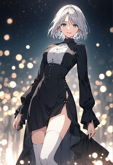 Tatiana Cartien, solo, alone, standing, A mature woman with short silver hair and blue eyes, calm, elegant, long-sleeved black dress that reaches just above the knees with a subtle high-low hemline to reveal plain white thigh-high stockings. The bodice is ...