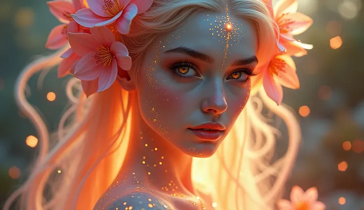 Aqui está o prompt ajustado para incluir flores exóticas, sobreposições de textura e estilos realistas:

**Prompt:**
"An exotic, ethereal woman with breathtaking beauty from a dimension beyond human comprehension. Her symmetrical features are enhanced by g...