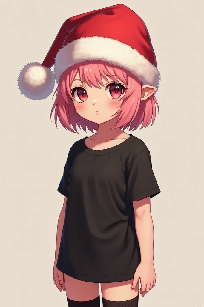 Cute pink haired boy in a Christmas hat while wearing thigh highs and just a long black T-shirt.