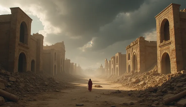 Ruins of Nineveh ,  with ruined buildings ,  deserted streets and debris scattered throughout the city .  There are no more signs of life ,  just sand and destruction .  The sky may be covered by dark clouds ,  with a dark tone ,  symbolizing the emptiness...