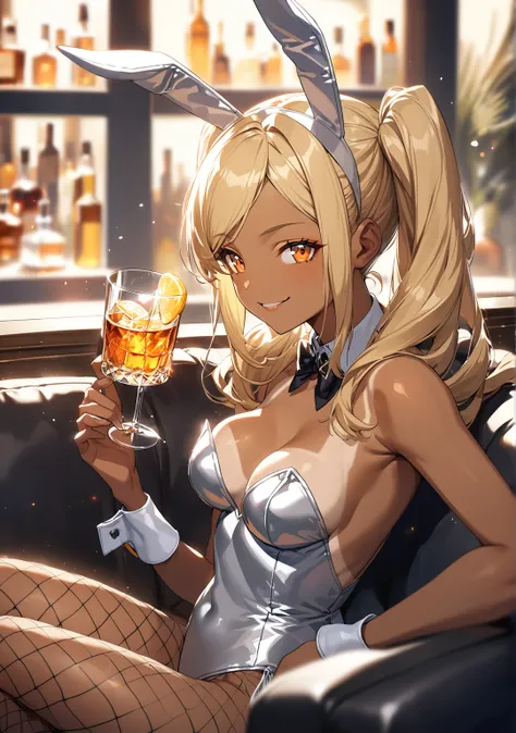 1 girl, Game CG, shallow depth of field, a portrait with a soft Gaussian blurred background, creating a dreamy atmosphere, focus on face,
seating on couch, having a glass of whiskey, from side, upper body, happy atmosphere, Smirk,

(blond Hair, straight lo...