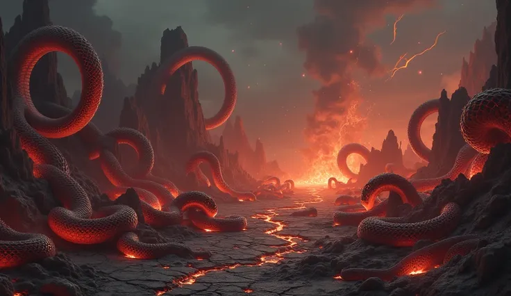 Raurava, a desolate hell filled with jagged rocks and burning pits of molten lava. The ground is cracked, emanating intense heat and smoke. Enormous, venomous serpents with glowing red eyes and scales covered in flames slither menacingly across the terrain...