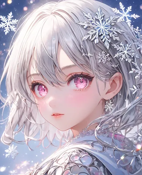 (masterpiece, best quality:1.2), (absurdres,  highres icon, ultra-detailed), (perfect anatomy), 
 cute girl  、 Silver Hair 、 Snowflakes  、Pink Eyes、Background sparkle、

(8k, RAW photo:1.2),detailed face and eyes,intricate detail ,masterpiece ,sharp focus, ...