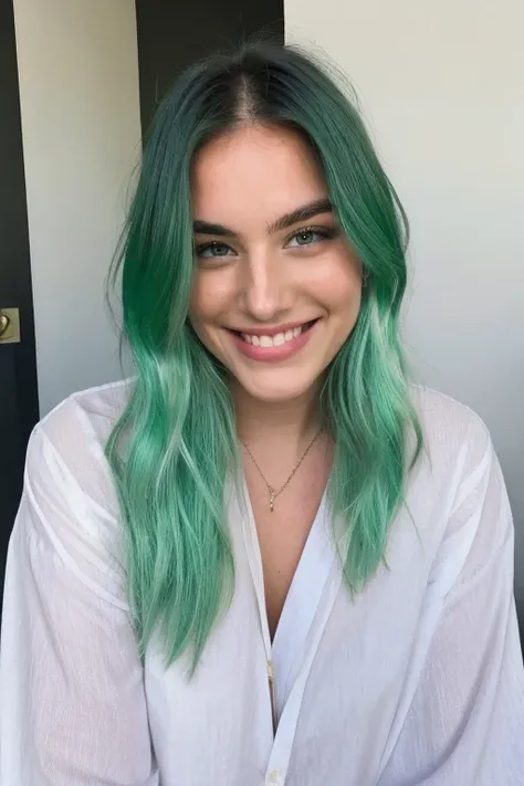 Green haired smiling beautiful 23 years old white model