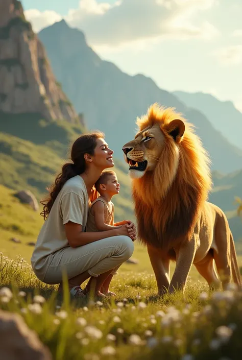 A mom and her son with a beautiful happy lion and a super beautiful background 