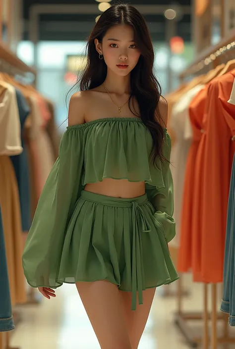 Giúp mình tạo một ảnh với nội dung: a girl Wearing Green Tree Off Shoulder Fashion Crop-top and pleated skirt, charming, desire, long hair, bare legs, pretty Chinese girl, super real, beautiful Asia Cool-girl, White Skin, cô ấy đang đi mua sắm trong shop q...