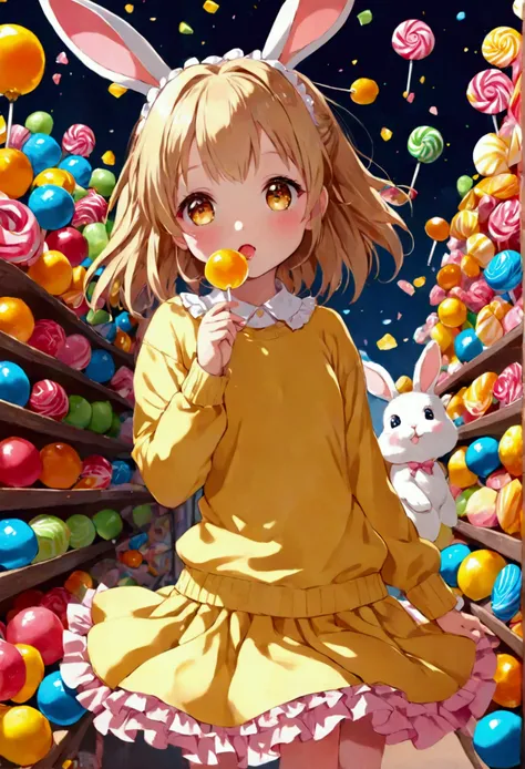 Anime loli, wearing a cute and adorable frilly skirt and yellow sweater, eating candy in the candy world while accompanied by a bunny.