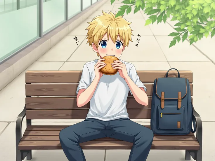 blue-eyed blond haired young man wearing denim pants and white t-shirt sitting on a bench with his backpack on the side eating a sandwich 