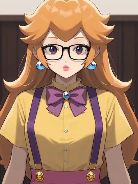 square framed glasses, red hair, orange hair, bow, bowtie, purple bowtie, striped yellow shirt, suspenders, shirt, short sleeves, yellow shirt, portrait, looking at viewer,  princess peach,, source_cartoon, score_9, score_8_up, score_7_up, blonde hair, lon...