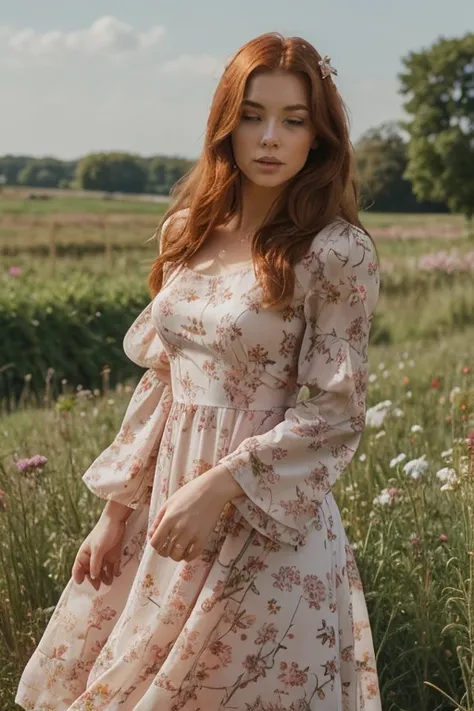 Ginger-auburn hair, beautiful, long frizzy cut, muted pink floral puff sleeve midi dress, u neck, looking off, field of flowers