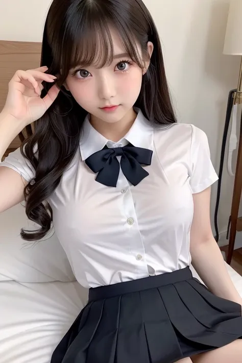 uniform、((()))、makeup、 high image quality、 professional shooting、 high image quality、 small tits、、 slim、Please lie on your back on the bed...、((Please spread your legs and show me your underwear))、 expression of fear、Tears in my eyes、((The skirt is flipped...