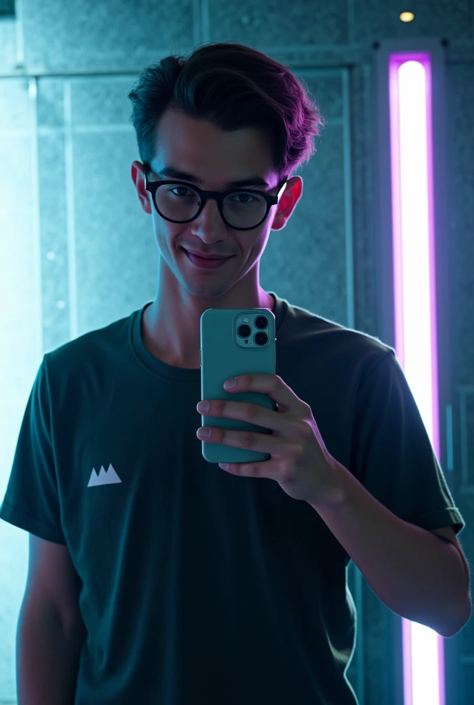 IMPROVE THIS TEXT AND ADD MORE FUTURISTIC DETAILS - A young man with realistic features taking a selfie in a mirror,  holding a modern gray cell phone .  He has short hair ,  wavy on the top and shaved sides ,  and wears round glasses with a black frame . ...