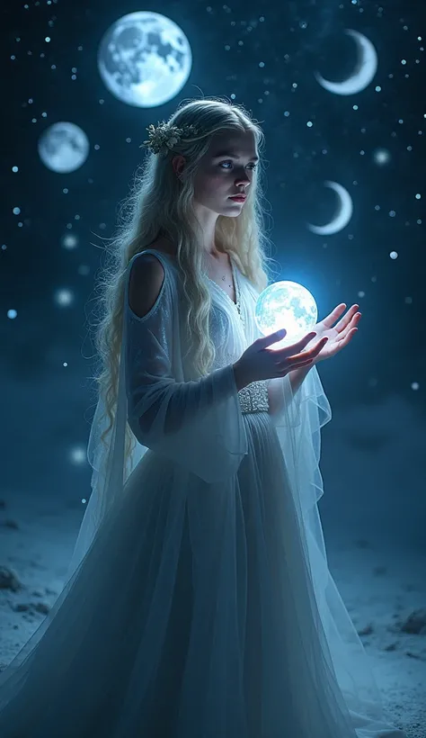 Witch of the Moon
"An ethereal witch under a starry sky, surrounded by floating crescent moons and full moons. Her attire is silver and dark blue, with a subtle glow like moonlight. She carries a lunar orb in her hands, and her eyes shine like distant star...