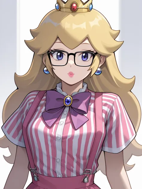 square framed glasses, bow, bowtie, purple bowtie, striped pink shirt, suspenders, shirt, short sleeves, looking at viewer,  princess peach,, source_cartoon, score_9, score_8_up, score_7_up, blonde hair, long hair, half body