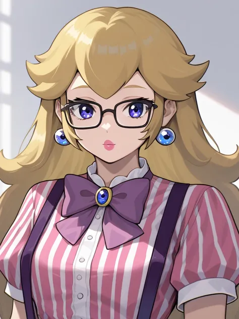 square framed glasses, bow, bowtie, purple bowtie, striped pink shirt, suspenders, shirt, short sleeves, looking at viewer,  princess peach,, source_cartoon, score_9, score_8_up, score_7_up, blonde hair, long hair, half body