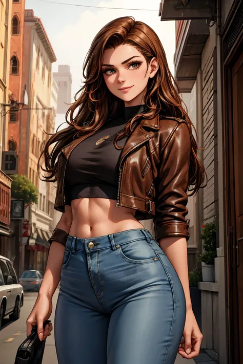 a girl with brown hair, leather jacket, crop top, jeans, big smile, long hair, strong, old school style, 8k, high quality, detailed face, realistic skin texture, dramatic lighting, cinematic composition