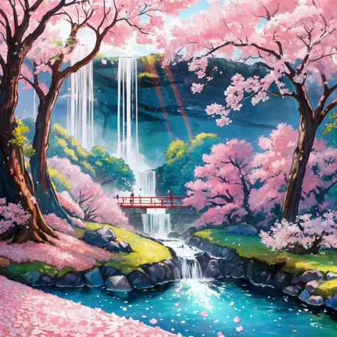 The cherry blossom carpet 、Fantastic - Painting Style Waterfall Soft  painting style  Brightly colored Bright light a wonderful heavenly garden, rainbow reflected on a splendid river valley of eden sea a wonderful valley,Asahi, river, Rose,Clear water, Bea...