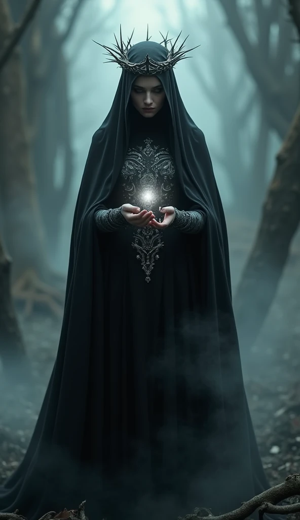 Witch of Darkness
"A shadowy witch in a foggy setting, with living shadows moving around her. Her dress is black with silver details, and she wears a crown of thorns. Her hands are surrounded by a dark aura that seems to absorb the light around her."