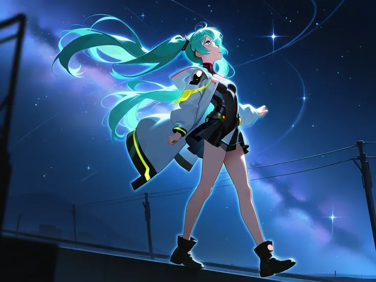  (masterpiece, very detailed), anime style, Miku with green hair looking up into the sky night,  with long hair and double ponytail , (full body), Single，（ Looking up at the starry sky ）Exquisite painting style， HD，Aesthetic，starry lights, high resolutions...