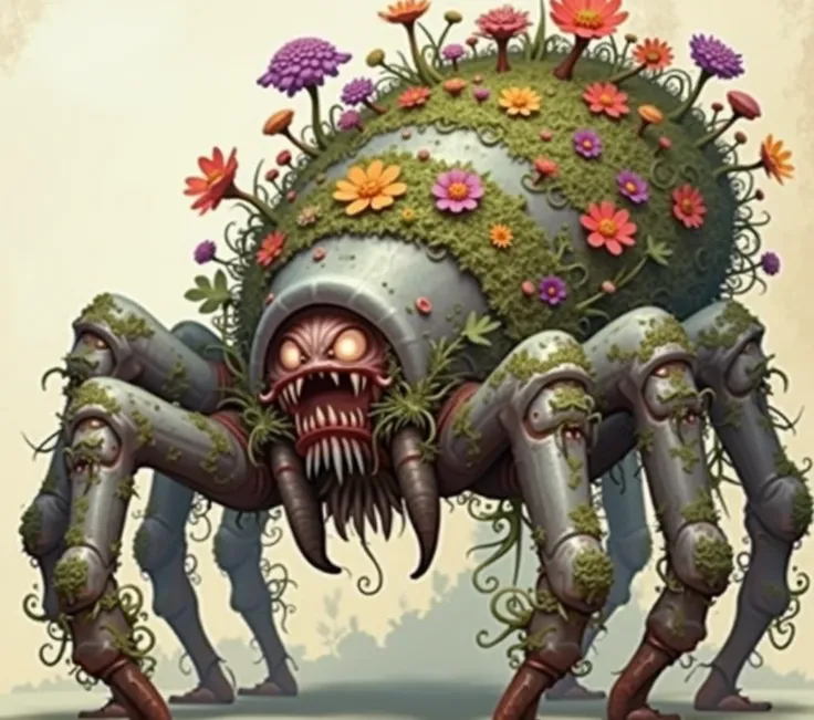 dnd earth elemental, gray spider with many flowers and more moss in his back, beatiful, evil, huge creature, full body, spider web and dirty, more nature