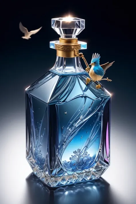 Bottle Design   、  luxury square Riedel perfume bottle decorated with beautiful roses and birds、　 美しいバラと鳥で飾られた、 blue background 　 Golden lighting 、  super detailed photo     、   Photographed by a Professional Photographer   、Excellent lighting、  masterpiec...