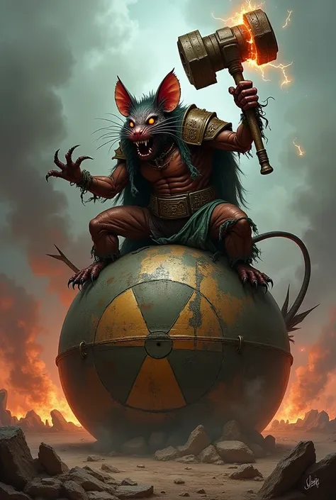 A rat from Warhammer 30k that has a warhammer and rides on an atomic bomb