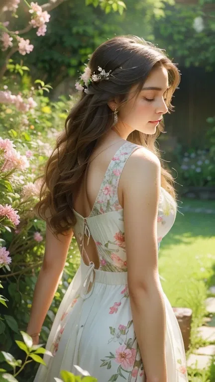 A beautiful and realistic image of a young woman standing in a lush garden filled with vibrant, blooming flowers. The sunlight gently filters through the trees, casting soft, natural light on her face. She has long, flowing hair and wears a simple yet eleg...