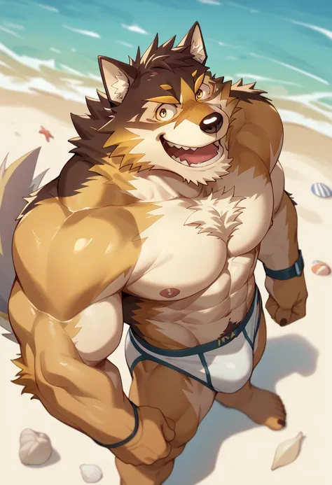  score_9,  score_8_above,  score_7_above,  High quality , hires, Alone,  live like a hero,  hairy, Adult Dog,  muscular male , In underwear yellow eyes, Wiggle tail , happy,  on the shores of the beach, 